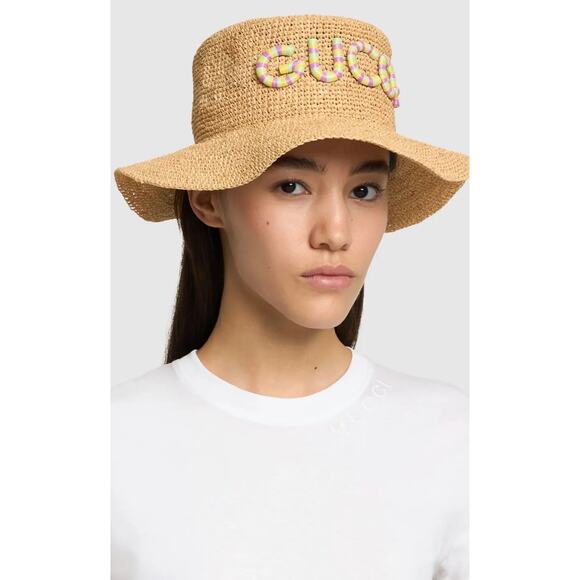 Gucci Logo Straw Raffia Multicolor Patch Hat Medium 57 Womens - Picture 4 of 10